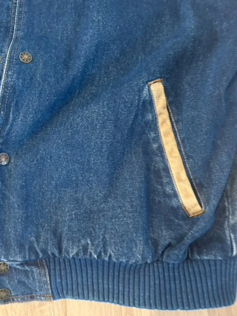 VTG Caterpillar CAT Turning Point Jacket Mens XL Stadium Bomber Blue Denim Lined